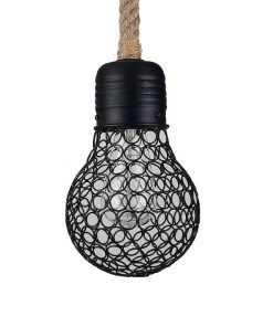 Závesné lanové svietidlo s čiernou klietkou v tvare žiarovky, 15cm. Objavte prírodné prvky a námornú atmosféru s týmto nádherným lanovým svietidlom