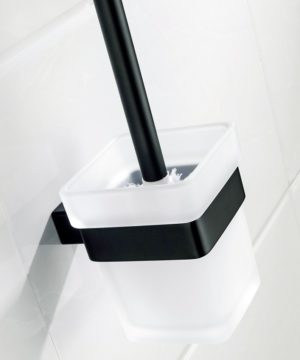 Kvalitný oceľový čierny držiak so sklenou miskou na WC kefu