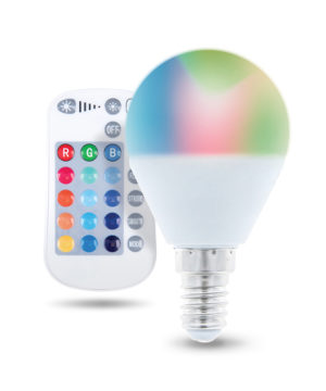 LED žiarovka E14 s diaľkovým ovládaním G45, RGB, 5W, Teplá biela.