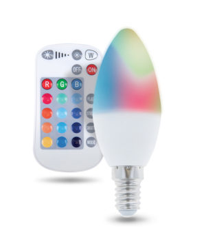 LED žiarovka E14 s diaľkovým ovládaním RGB, 5W, Teplá biela.