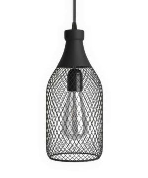 Závesná lampa s textilným káblom a veľkým tienidlom v tvare fľaše v čiernej farbe