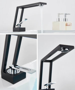 Moderná umývadlová batéria v čierno-chrómovom dizajne