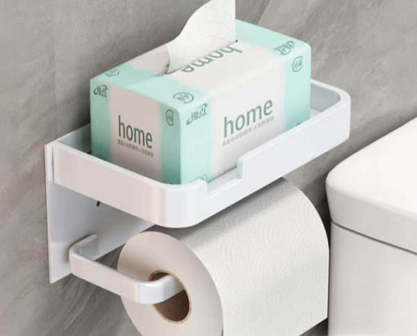 Biely držiak na toaletný papier s poličkou na telefón a doplnky