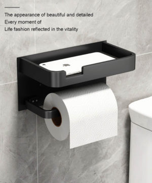 Čierny držiak na toaletný papier s poličkou na telefón a doplnky