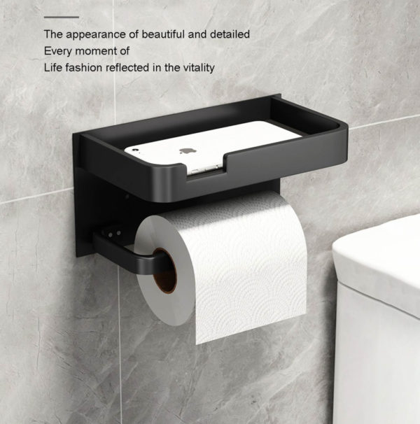 Čierny držiak na toaletný papier s poličkou na telefón a doplnky