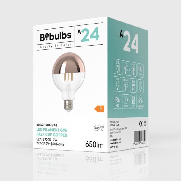Medená LED zrkadlová žiarovka 7W, E27, 650lm, G95, Stmievateľná - Image 3
