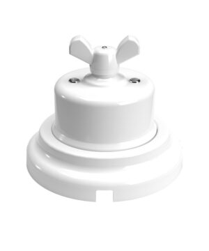Vypínač/prepínač pre povrchovú montáž z bieleho porcelánu s bielym krídlovým gombíkom + podstavec z bieleho porcelánu
