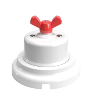 Vypínač/prepínač pre povrchovú montáž z bieleho porcelánu s červeným krídlovým gombíkom + podstavec z bieleho porcelánu